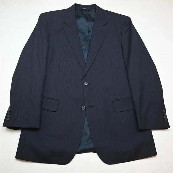 Jos A Bank 43L 36x32 Navy Blue Striped 100% Wool Mens Jacket Pants Suit